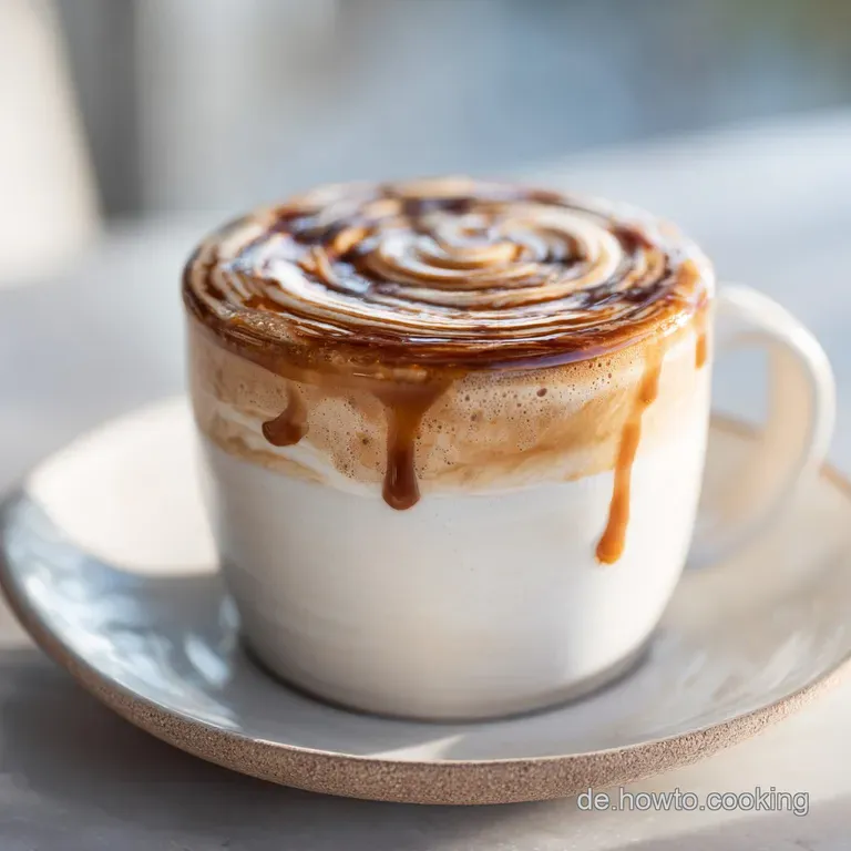 Tall glass filled with frothy coffee drink, dusted cocoa powder, garnished with coffee beans, and a straw ready to sip.