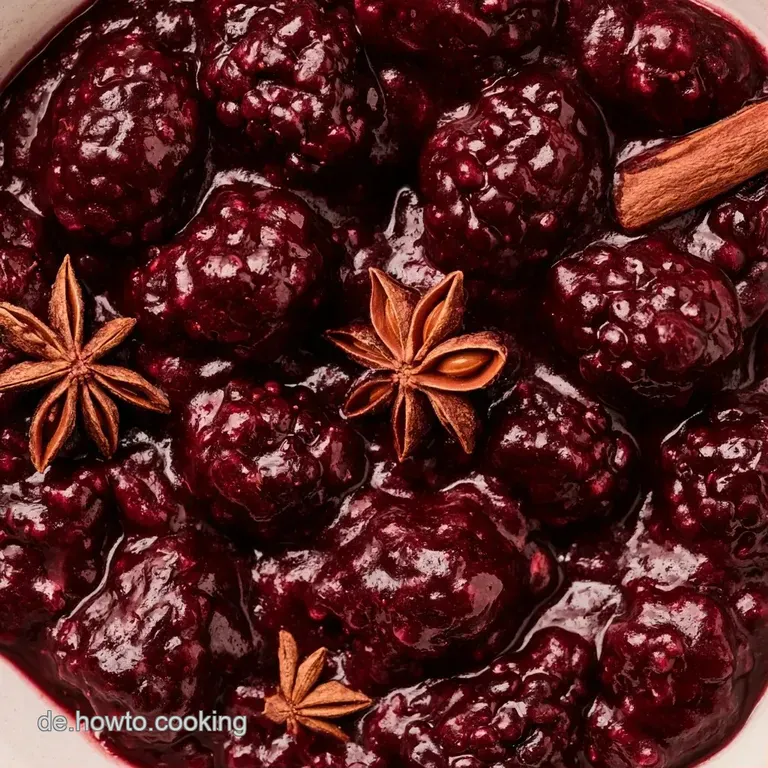 Drei pralle, tiefrote Beeren auf einem wei&szlig;en Porzellanteller, gl&auml;nzend &uuml;berzogen von einem goldbraunen Sirup.
