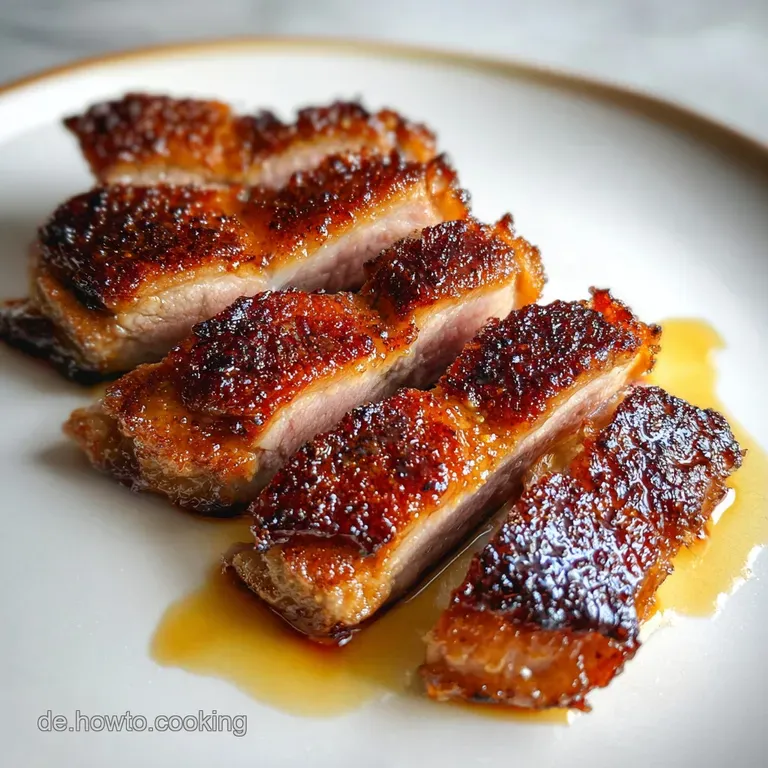 Elegant plate of sliced duck breast reveals rosy, juicy meat. Crisp skin contrasts with smooth sauce and colorful sides.