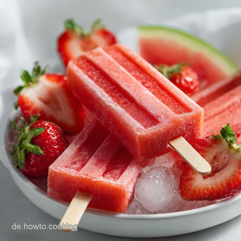 Trio of frozen fruit bars, swirled with red and pink hues. A light and refreshing dessert presented elegantly.