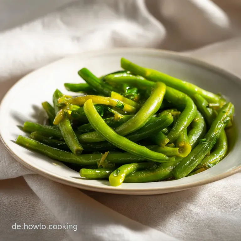 A rustic bowl of vibrant green beans and potatoes, glistening in their savory stew, artfully plated.