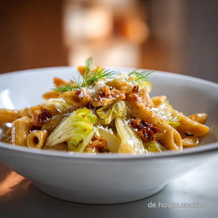 A generous mound of pasta, artfully plated with vibrant fennel sprigs and a drizzle of olive oil.