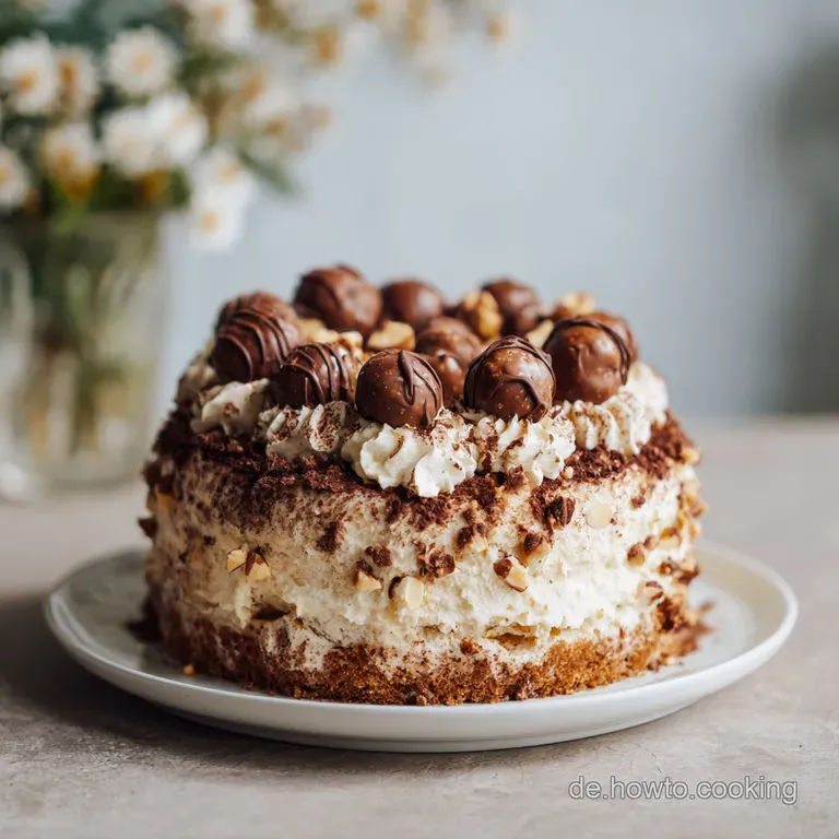 Elegant slice of Ferrero Rocher torte on a white plate, accented with chocolate shavings and whole hazelnuts. Rich, layere...