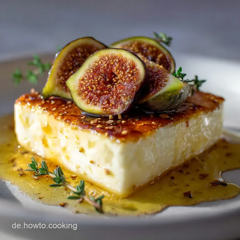 Elegant plate with warm feta, dark figs bursting with juice, thyme sprigs, and a glistening honey drizzle. Simple, rustic ...