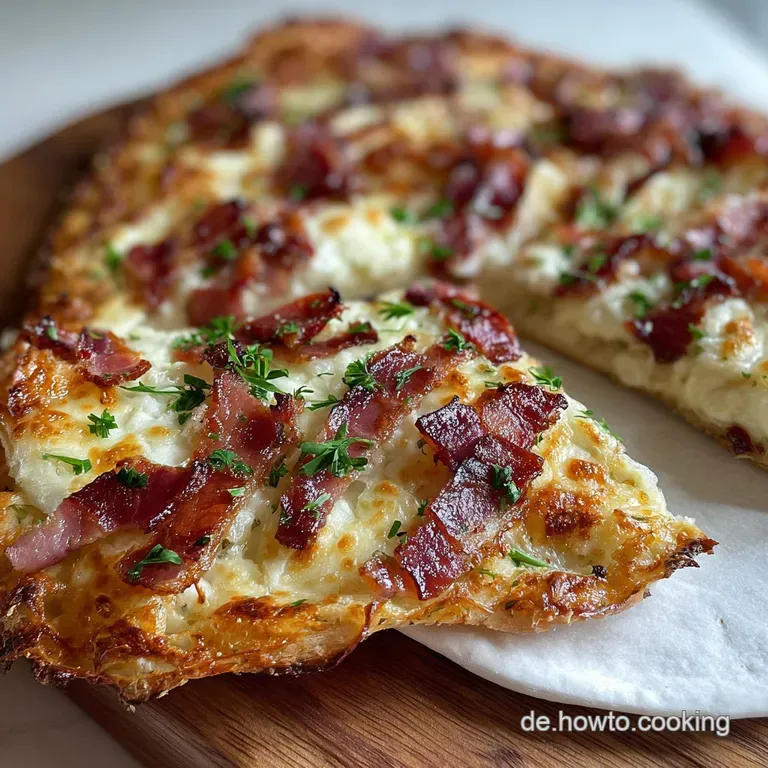 A beautifully sliced Flammkuchen, revealing layers of creamy cheese, bacon and onion on crispy baked dough, artfully arran...