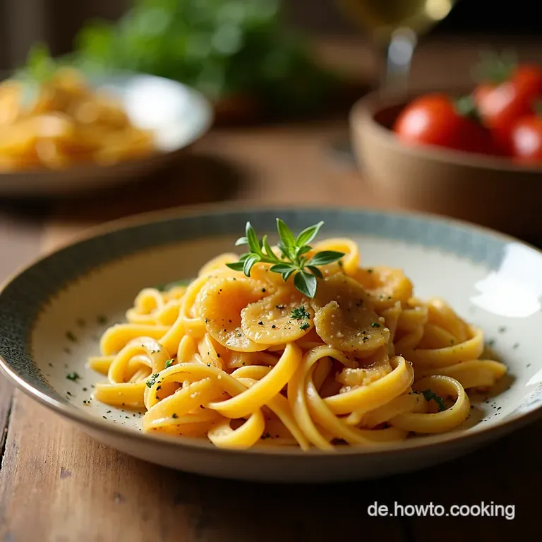 Frische Tagliatelle Mit Pfifferlingen in Cremiger Tr&uuml;ffelrahmsauce presentation