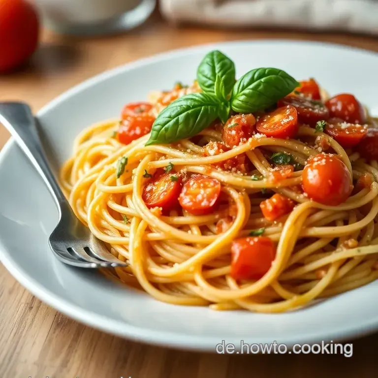 Gabelspaghetti mit frischem Basilikum und Tomatensauce presentation