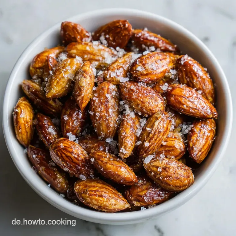 Candied almonds arranged artfully in a small, rustic bowl, sugar crystals catching the light. Warm, inviting, textured snack.