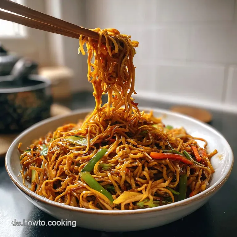 Steaming Asian noodles artfully arranged in a white bowl, topped with vibrant green scallions and a sprinkle of chili flakes.