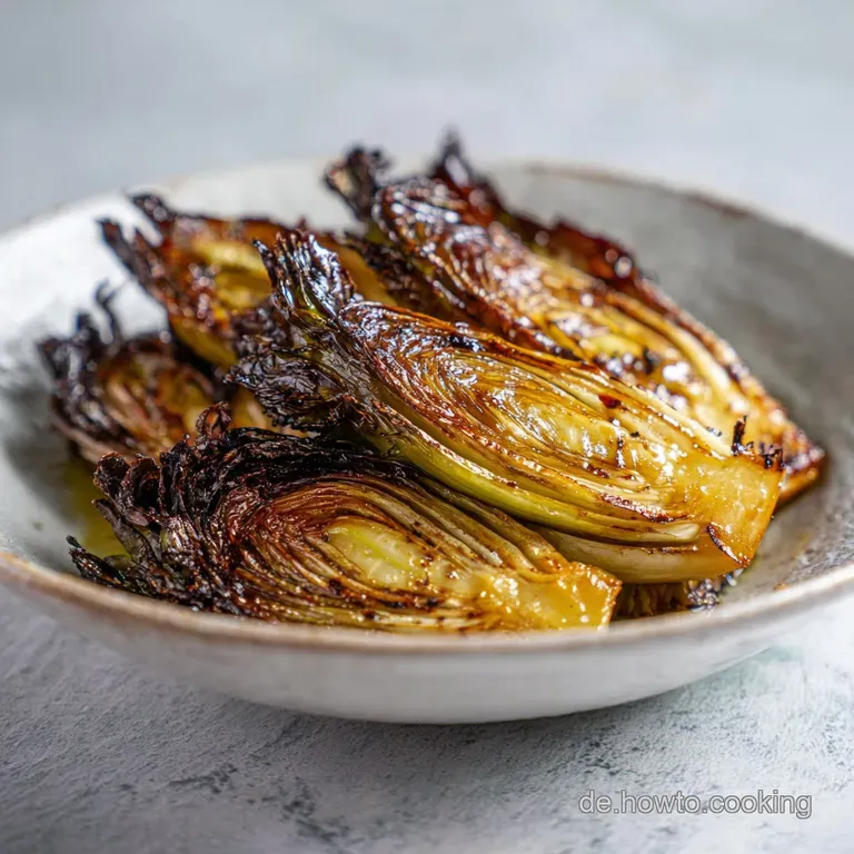A tower of braised chicory and orange segments, glistening with juice, sits on a white plate. Herbs add fresh green color.