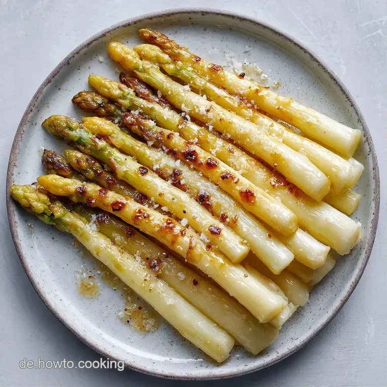 Mehrere knusprige, helle Spargelstangen sind f&auml;cherf&ouml;rmig angeordnet, daneben ein Klecks cremiger, gelber Sauce.