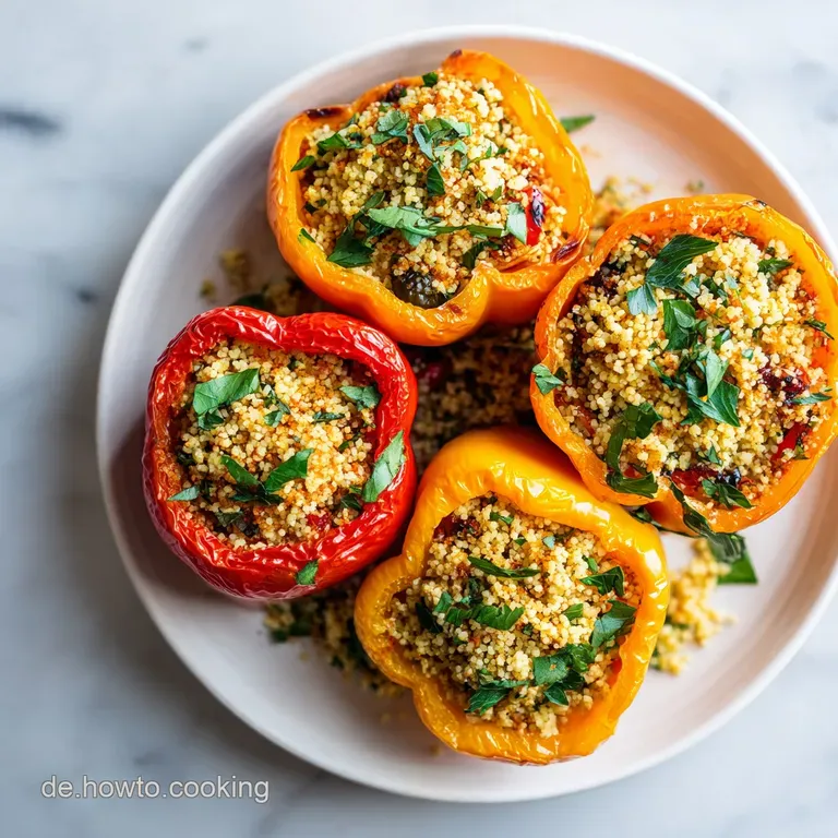 A colorful stuffed bell pepper, plump with couscous, rests on a bed of sauce. Garnish of fresh herbs brightens the present...