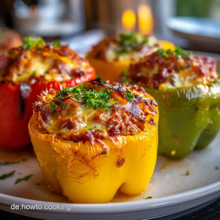 Stuffed bell pepper glistening with savory sauce, nestled on rice. Parsley adds a fresh pop to the colorful plate.