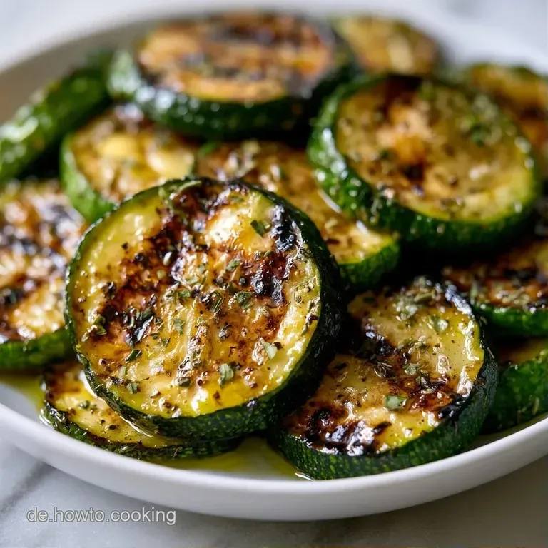 Elegant angerichtet: goldbraun gegrillte Zucchini auf einer wei&szlig;en Keramikplatte mit einem Hauch von frischem Pfeffer.