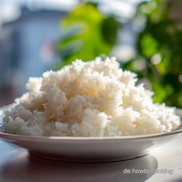 Mound of glistening, freshly cooked rice on a white plate. Steam rising, inviting warmth. A light and airy dish.