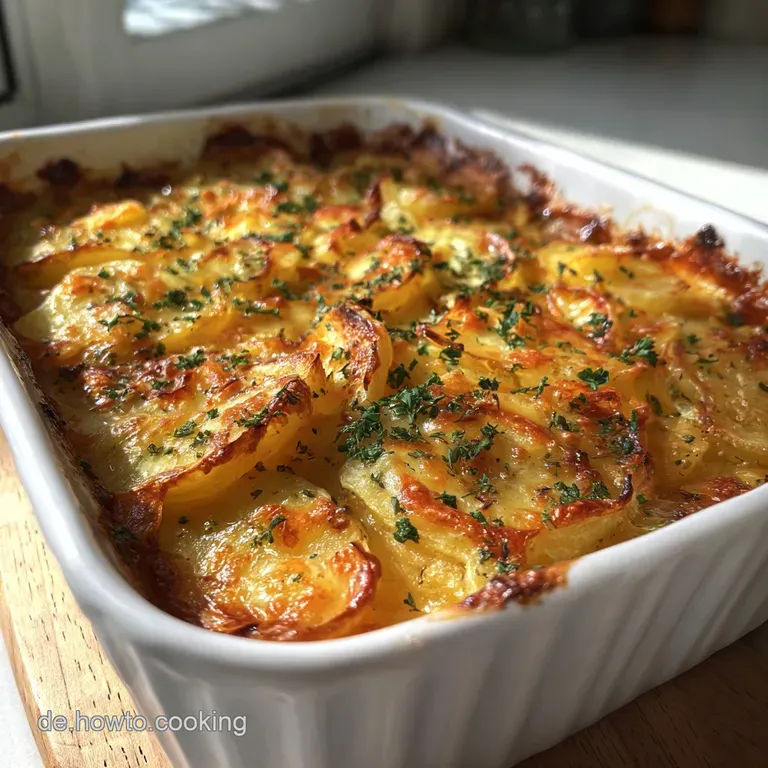 A generous slice of potato and vegetable bake, steaming gently on a white plate, hinting at creamy warmth within.