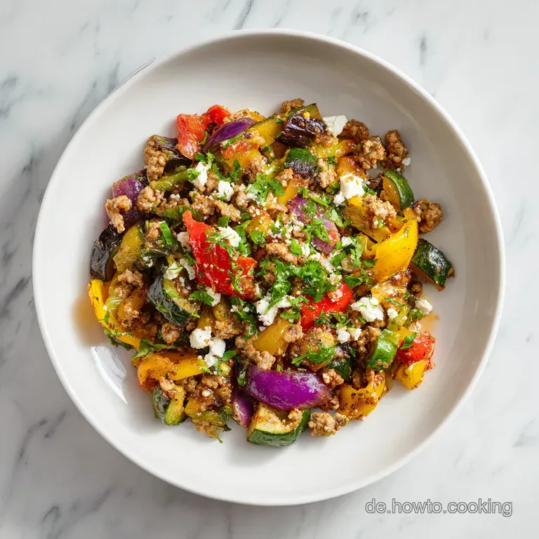 Steaming portion of vegetable stir-fry, plated with care; colorful veggies and browned meat creating an inviting, deliciou...