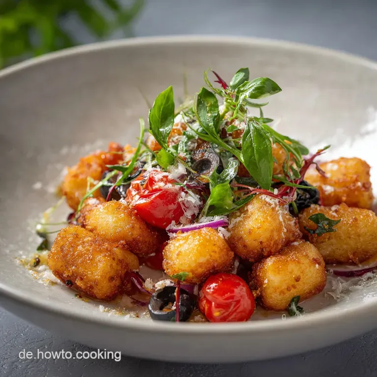 Artfully plated gnocchi salad with crispy gnocchi, bright red tomatoes, verdant basil, and a drizzle of balsamic glaze.