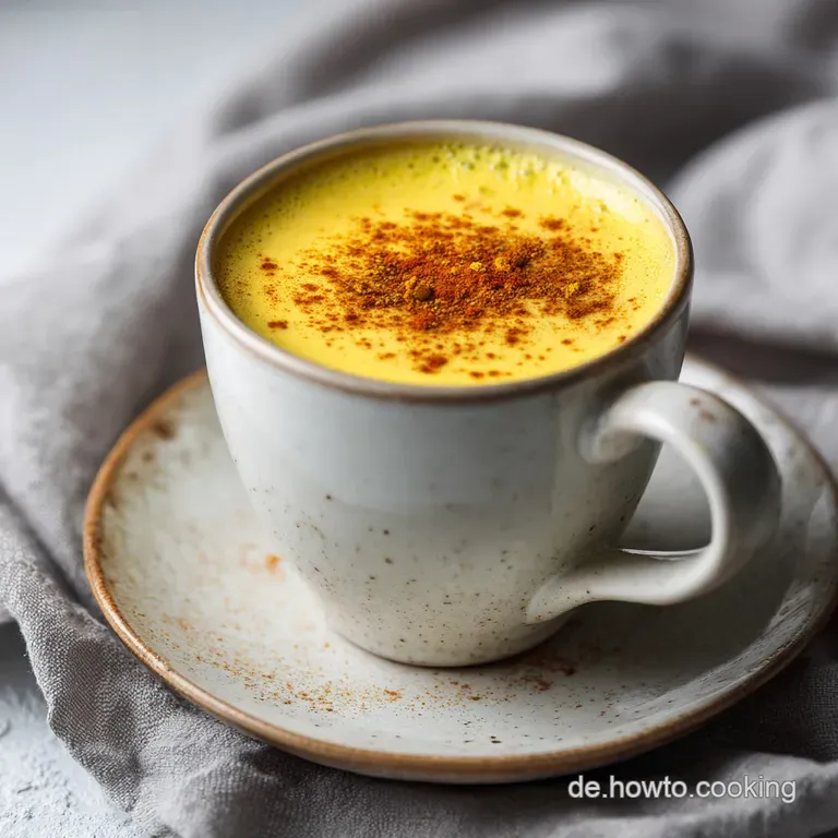 Steaming mug of vibrant golden milk, swirled with creamy foam and a dusting of spice.
