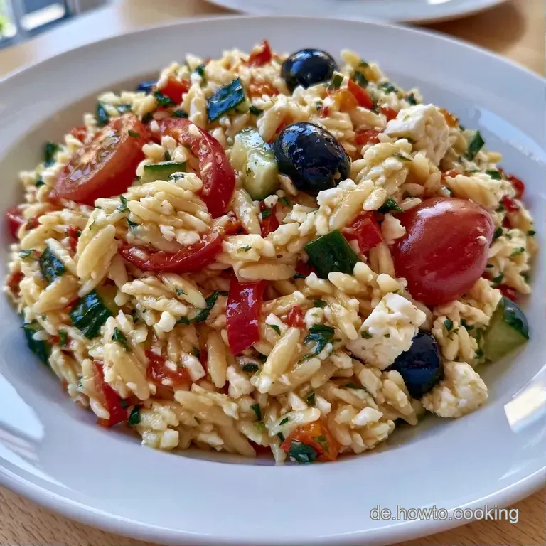 Farbenfrohe Anrichtung von Orzo-Pasta mit gl&auml;nzenden Oliven, w&uuml;rfeligem Feta und frischen Kr&auml;utern auf einer flachen Platte.