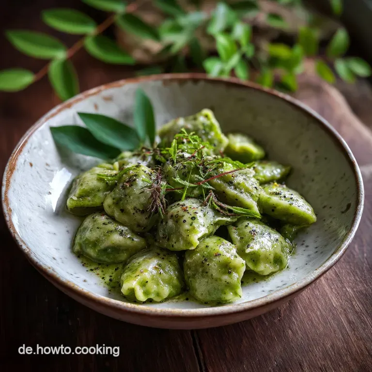A pair of jade green dumplings, draped in a velvety cream sauce, with a scattering of fresh herbs for bright color.