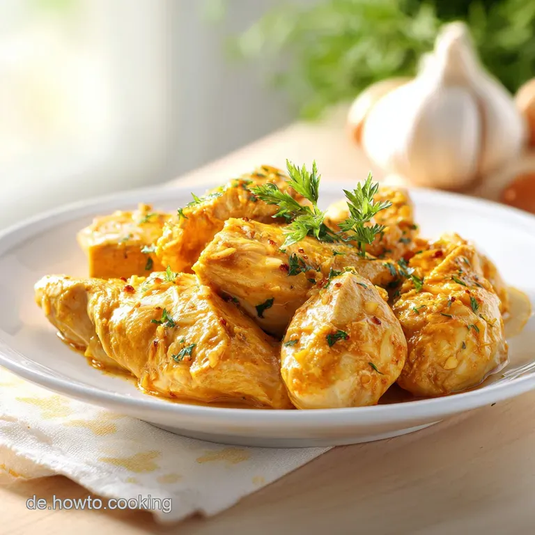 Golden chicken breast slices artfully arranged in a white bowl, with a swirl of velvety garlic sauce.