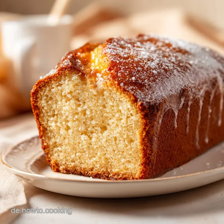 Slice of warm, puffy sugar cake with browned edges on white plate; powdered sugar dusting and a curl of lemon zest.