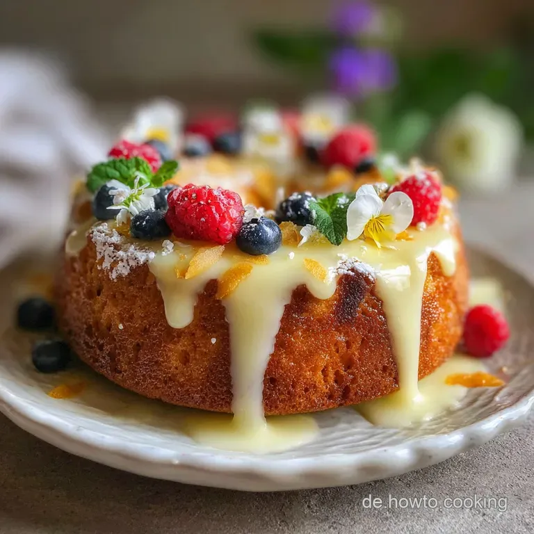 Slice of moist cake on a white plate, powdered sugar dusting the surface, paired with a dollop of fresh cream. Simple and ...
