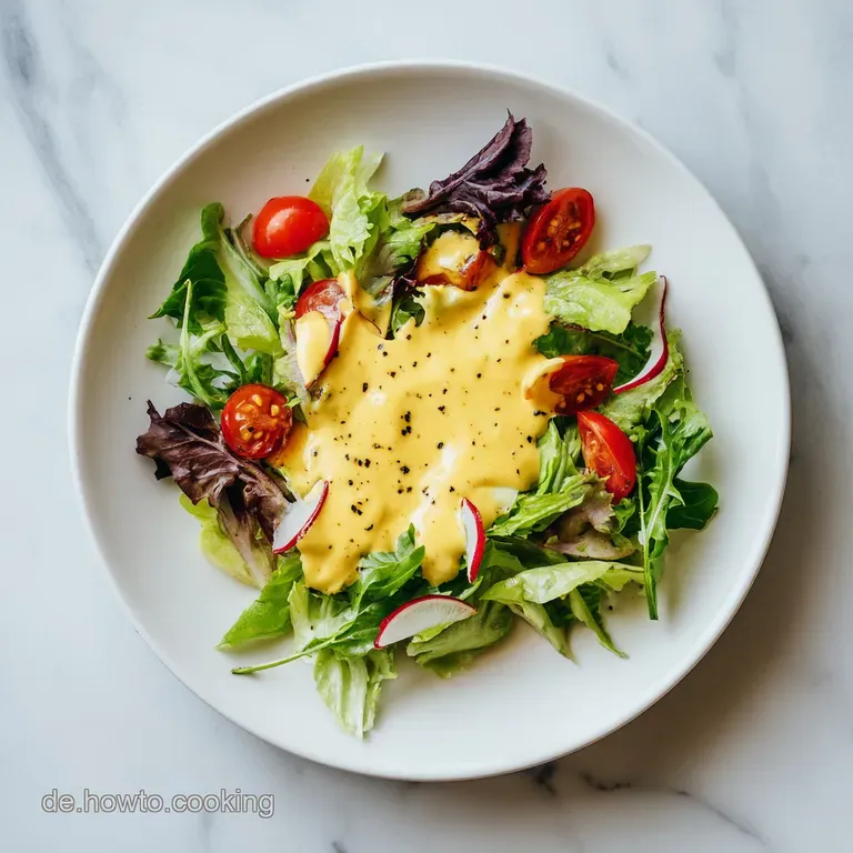 A beautifully arranged salad topped with a drizzle of rich, golden honey mustard dressing, creating appetizing streaks.