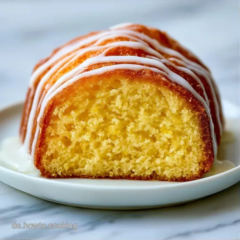 Ein luftiges St&uuml;ck goldgelber Kuchen auf wei&szlig;em Porzellan, garniert mit einer frischen Minzspitze und Puderzucker.