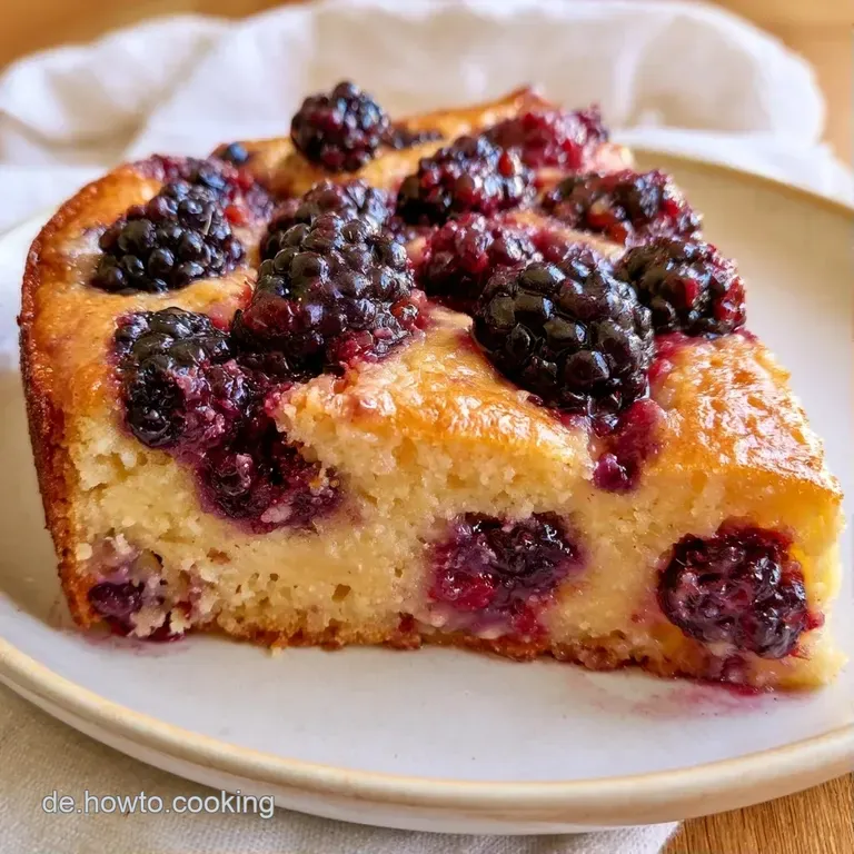 Cremiges Kuchenst&uuml;ck mit tiefvioletten Brombeeren auf einer wei&szlig;en Porzellanplatte, flankiert von frischen Beeren.