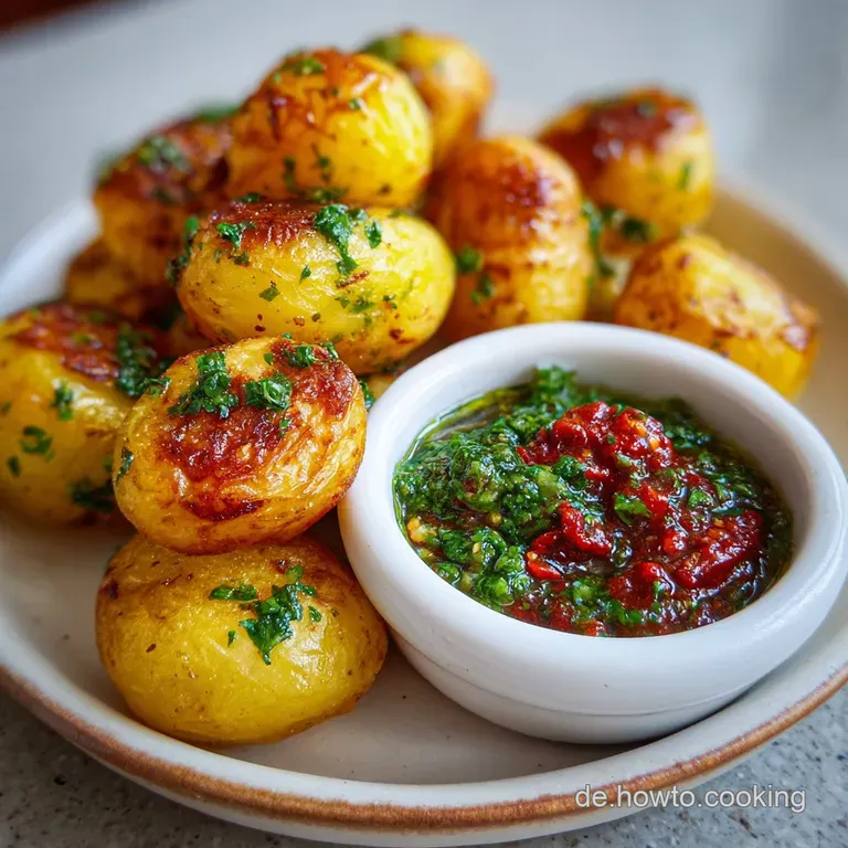 Small, intensely colored potatoes with a heavily salted crust, piled artfully on a white plate with a small bowl of rich d...