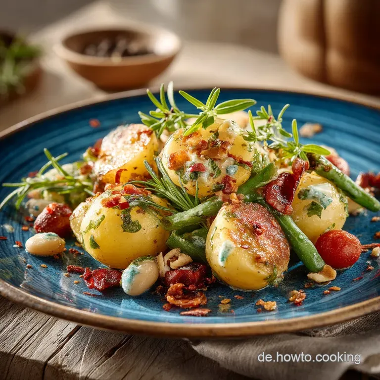 KartoffelBohnenSalat Der lauwarme Schwabe mit kräftigem BrüheDressing presentation