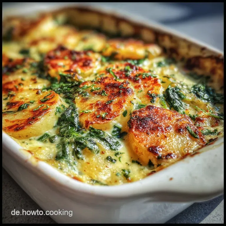 A portion of rich potato spinach casserole plated with a spoon, steam rising. The layers are visible, creating a satisfyin...