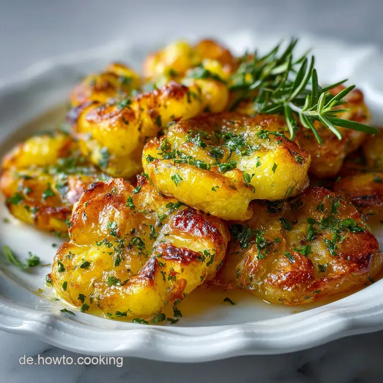 Elegant plate showcasing perfectly golden potatoes, crisp exteriors contrasting with fluffy insides. Sprig of herbs adds a...