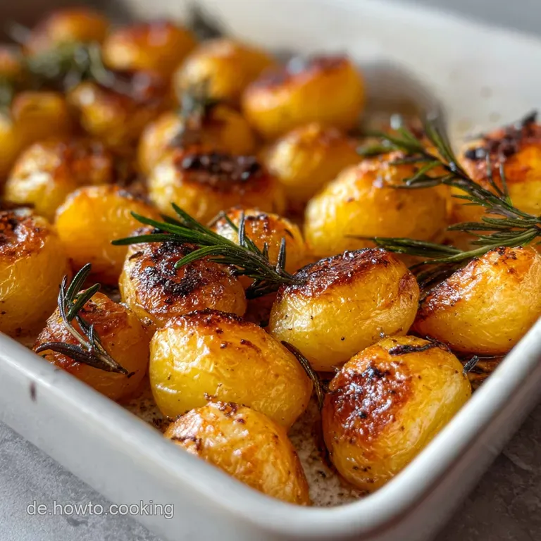Perfectly golden potatoes, glistening with oil and herbs, artfully arranged on a white plate with a sprig of rosemary.