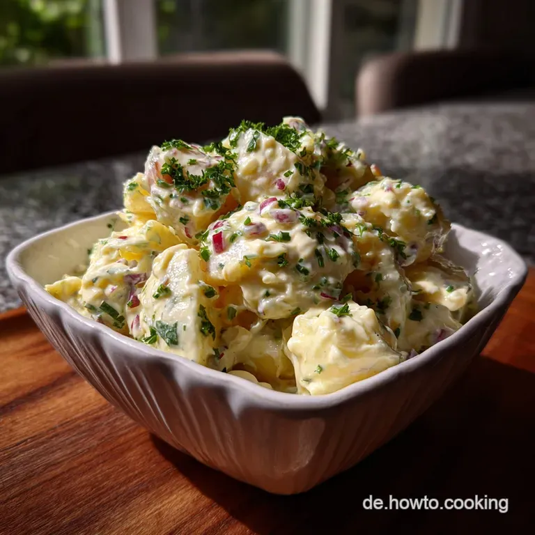 Plated kartoffelsalat, artfully arranged with a sprinkle of fresh chives and a drizzle of dressing, offering a delightful ...