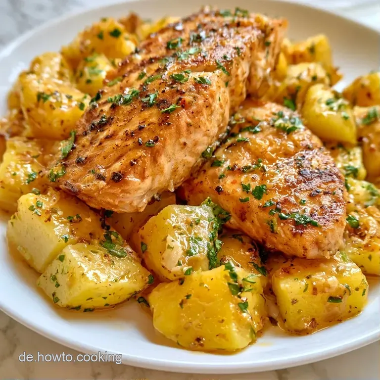 Hellgelbe Kartoffelst&uuml;cke in gl&auml;nzender Vinaigrette auf einer Keramikplatte, bestreut mit fein gehacktem Schnittlauch.