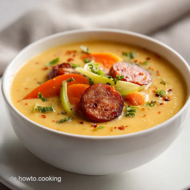 Dampfende, s&auml;mige Suppe in einem rustikalen Topf auf Leinen, garniert mit Kr&auml;utern und gl&auml;nzenden Wurstst&uuml;cken.