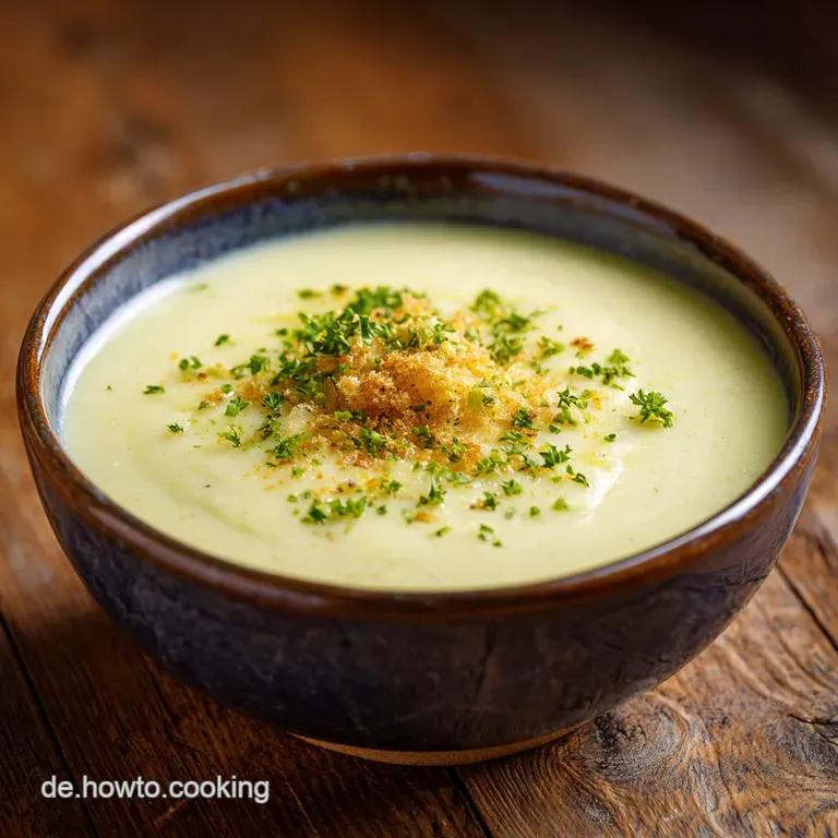 Close-up of a steaming bowl of creamy soup, garnished with fresh parsley. Golden-brown bits of meat add texture and flavor.