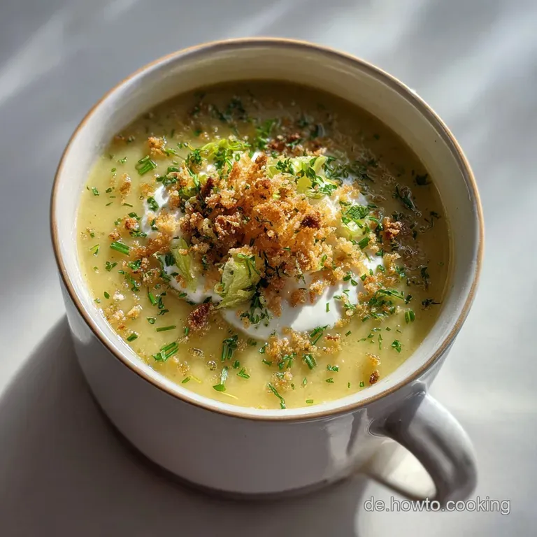 Elegant bowl of cheesy soup with ground meat, garnished with fresh chives and a dollop of sour cream on a linen tablecloth.