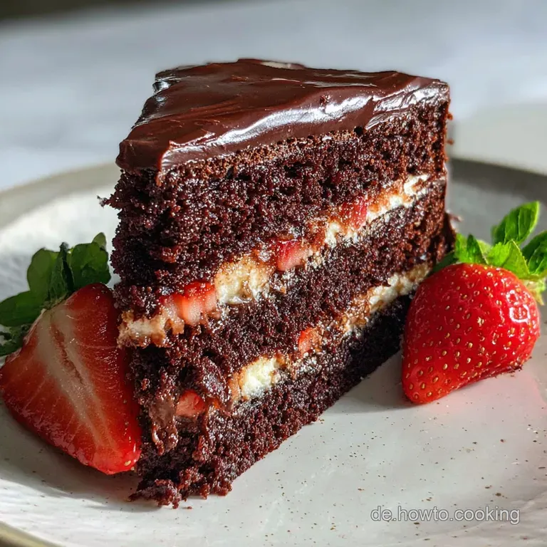 Slice of rich chocolate cake on a white plate, creamy layers visible. Garnished with chocolate shavings and a light cocoa ...