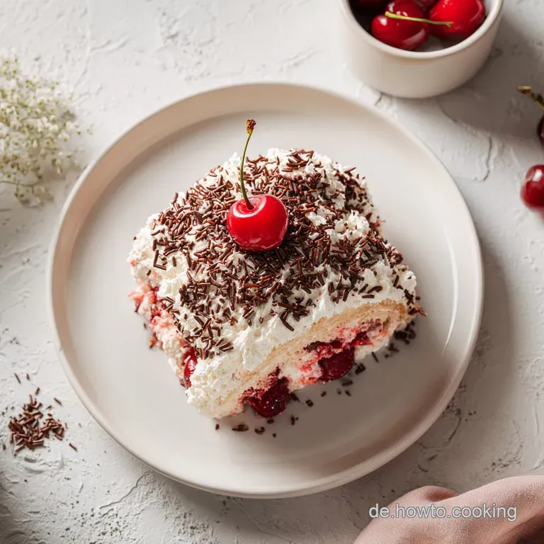 Slice of rich cherry cake with chocolate streusel on a white plate, dusted with icing sugar. Creamy filling visible. Delic...
