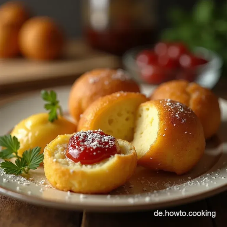 Berliner Ballen Krapfen mit hausgemachtem Pflaumenmus Der goldene Traum aus der Fritteuse presentation
