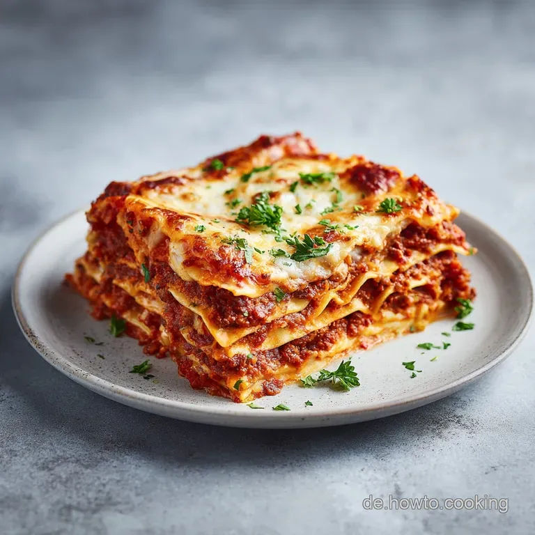 A generous slice of layered lasagna on a white plate, topped with melted mozzarella and fresh basil.