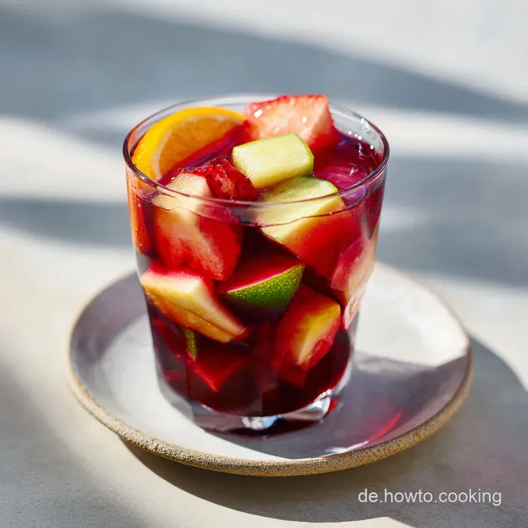 Chilled sangria in a stemmed glass, garnished with an orange slice and juicy berries. Condensation adds to the allure.