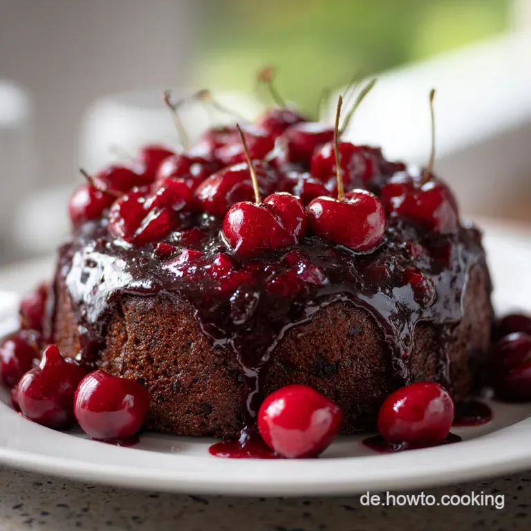 Slice of Black Forest cake on a plate, showing moist chocolate layers, bright red cherries, and fluffy whipped cream.