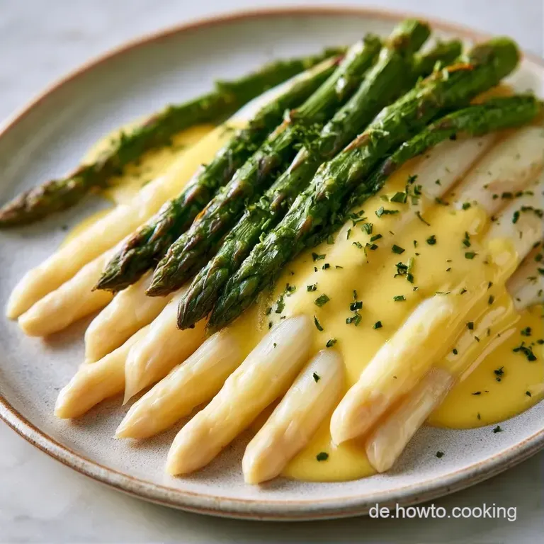 Elegant auf einer Platte angerichteter wei&szlig;er Spargel, &uuml;berzogen mit einer s&auml;migen, hellgelben Sauce und gr&uuml;nen Akzenten.
