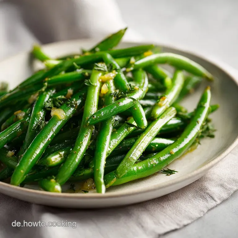 A bright, verdant mound of perfectly cooked green beans, artfully arranged on a white plate.