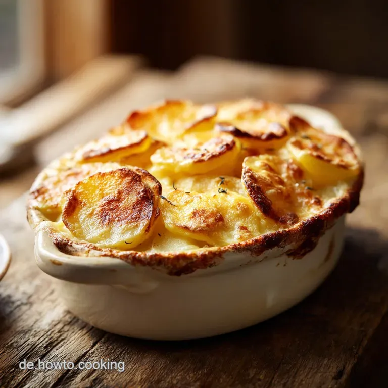 Creamy potato gratin with a crisp, golden crust in an oval dish. Garnished with fresh herbs for an elegant, rustic present...